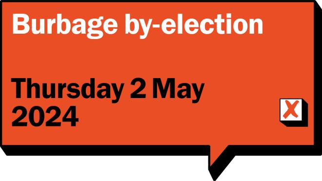 Speech bubble with the text "Burbage by-election - Thursday 2 May 2024"