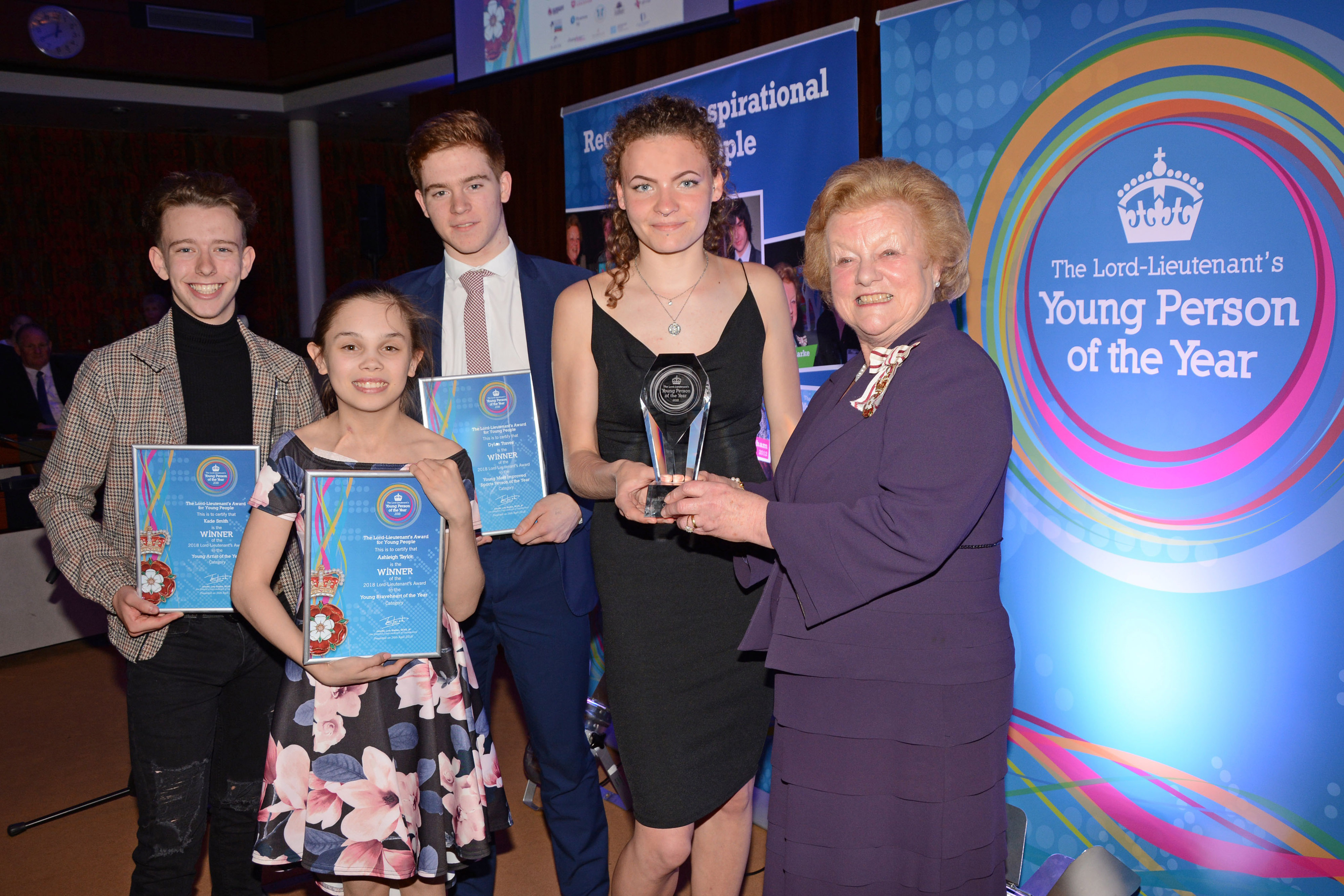 Lady Gretton with award winners (left to right: Kade Smith, Ashleigh Taylor, Dylan Traves and Kristiana Groza Lord Lieutenant's Awards winners