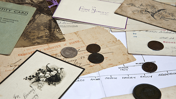 Scattered old documents and a family tree Scattered old documents and a family tree