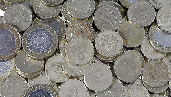 A collection of pound and two pound coins