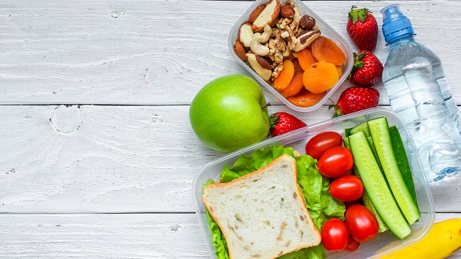Colourful healthy lunch with water