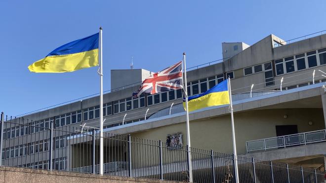 Ukrainian flags fly at County Hall