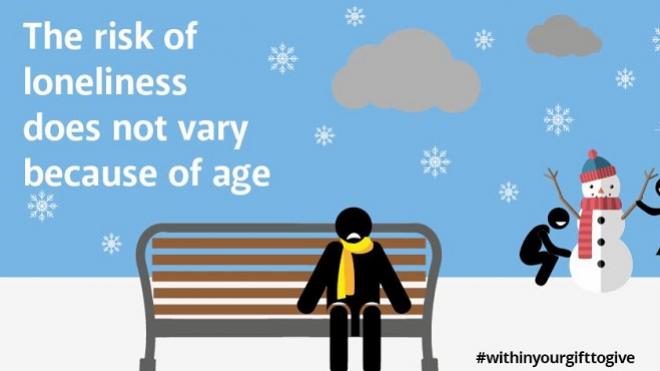 graphical snow scene with person on bench and snowman