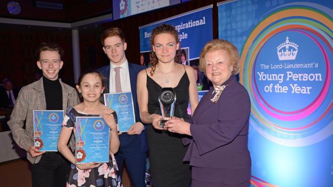 Lady Gretton with award winners (left to right): Kade Smith, Ashleigh Taylor, Dylan Traves and Kristiana Groza Lord-Lieutenant's Awards winners