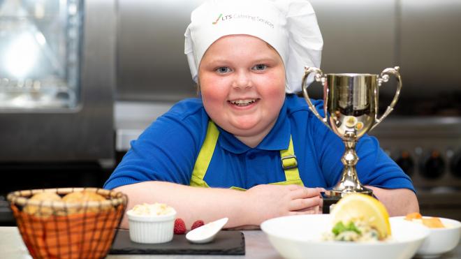 Eleven-year-old Neve Roberts wowed judges with her two courses Pupil with her Junior Chef of the Year trophy
