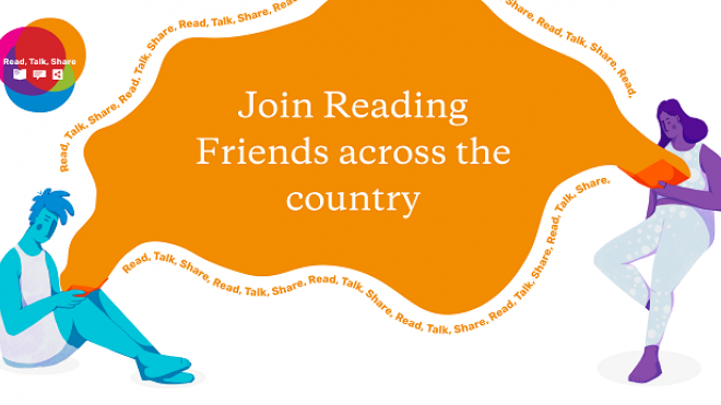Join Reading Friends across the country. Graphic showing two people connected via reading.