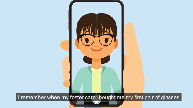 Cartoon of dark haired girl taking a selfie of her wearing her new glasses 