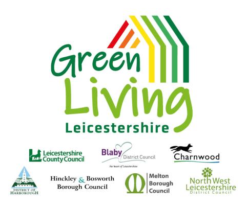 Green Living Leicestershire logo, with Leicestershire County Council, Blaby District Council, Charnwood Borough Council, Harborough District Council, Hinckley & Bosworth Borough Council, Melton Borough Council and North West Leicestershire District Council logos
