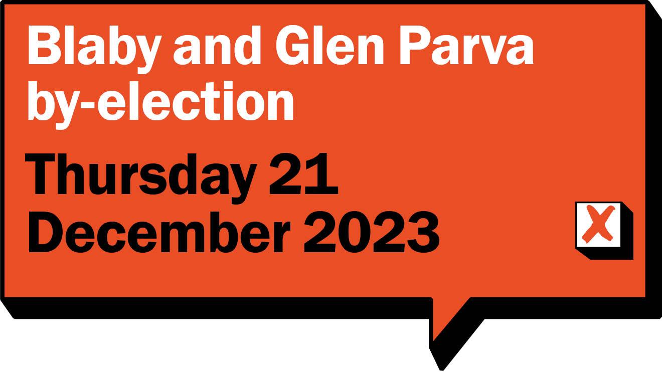 Graphic of an orange speech bubble with the text 'Blaby and Glen Parva by-election Thursday 21 December 2023' inside Graphic of an orange speech bubble with the text 'Blaby and Glen Parva by-election Thursday 21 December 2023' inside