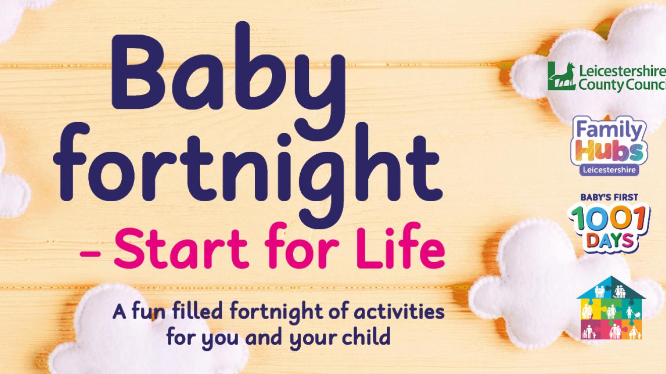 Baby Fortnight Graphic on a backdrop of wooden slats with felt clouds advertising Baby Fortnight