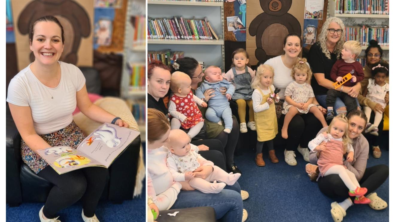 A two-photo collage. Left, a lady reading a book in a library & right, a group of parents and carers smiling in a library 