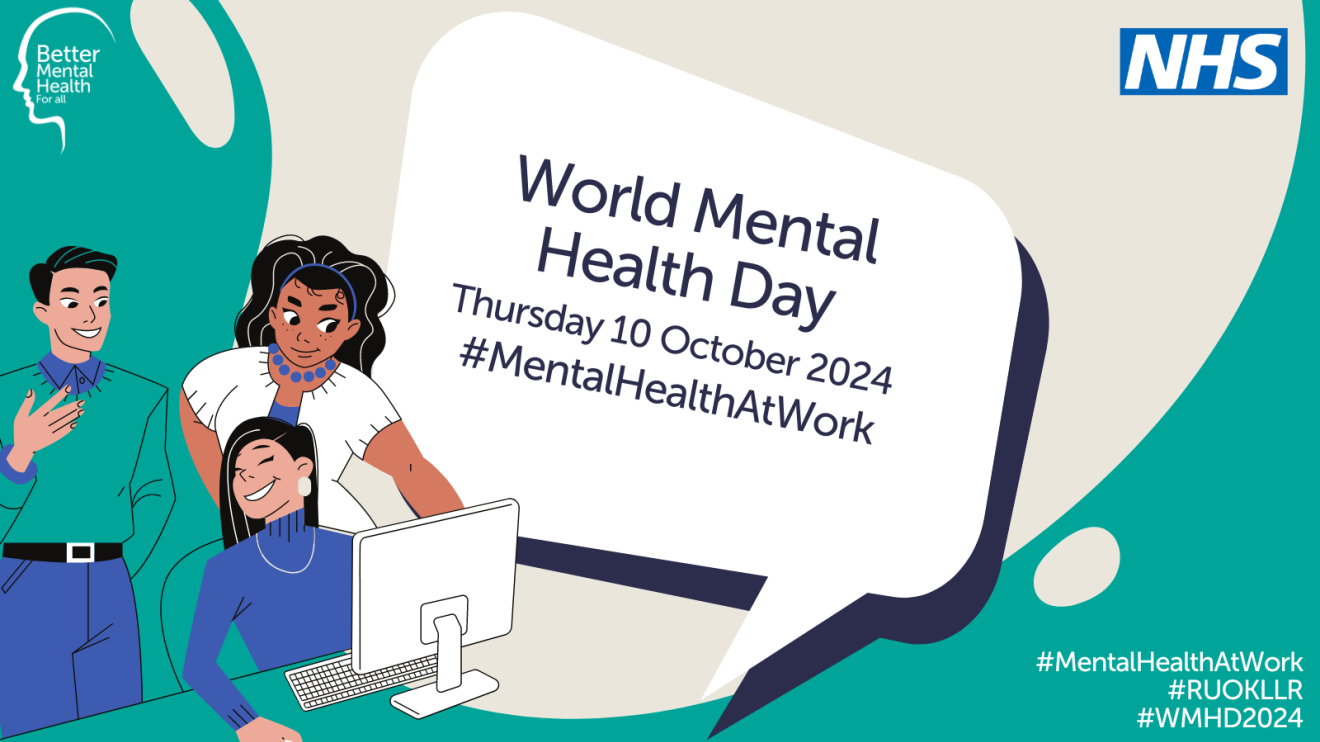 a graphic about world mental health day, showing a group of people standing around a computer