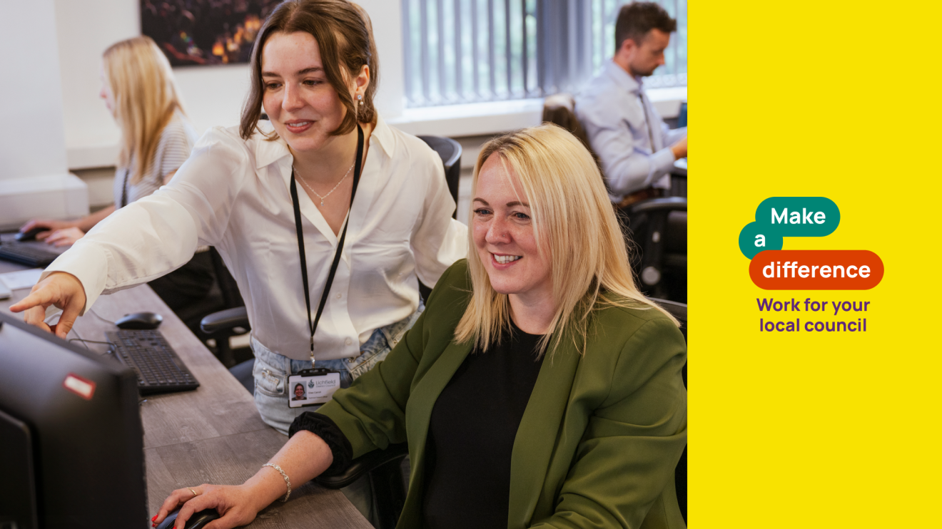 two colleagues look at a computer together alongside text reading make a difference work for your local council 