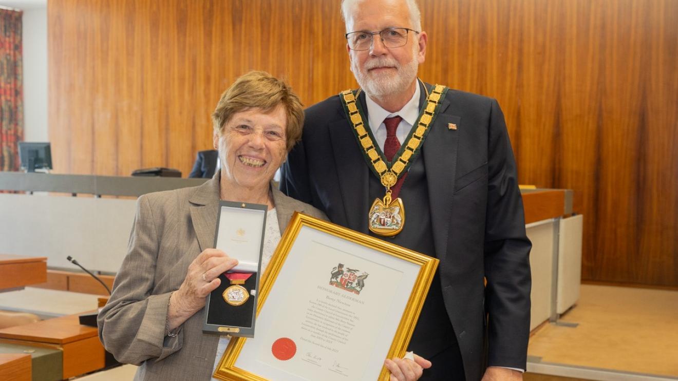 Honorary Aldermen 2025 Betty Newton Former councillor Betty Newton with chairman Paul Harrison receiving her Honorary Aldermen title
