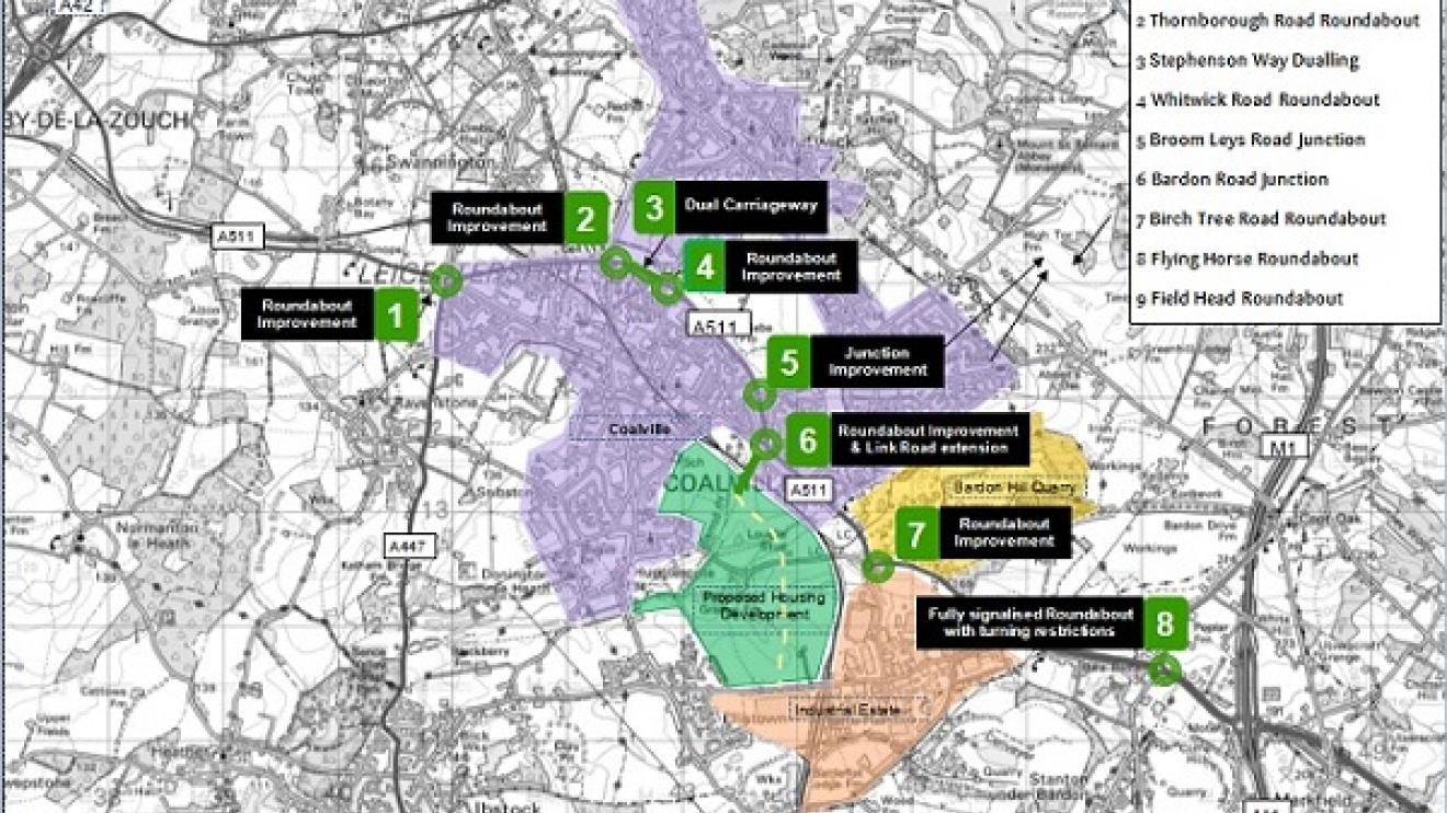 A map showing road improvement plans around Coalville