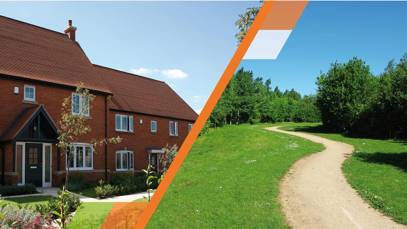 A split image showing a new house and a countryside footpath