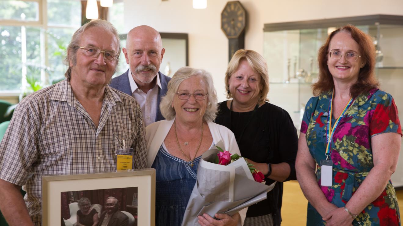 Leicestershire couple, Norm and Tricia Marsland (front) cared for children for almost five decades. Pictured back (l-r) Paul Meredith and Sharon Cooke, director and assistant director of children's social care, and supporting social worker Veronica Norm and Tricia Marsland retire from caring for children after 48 years