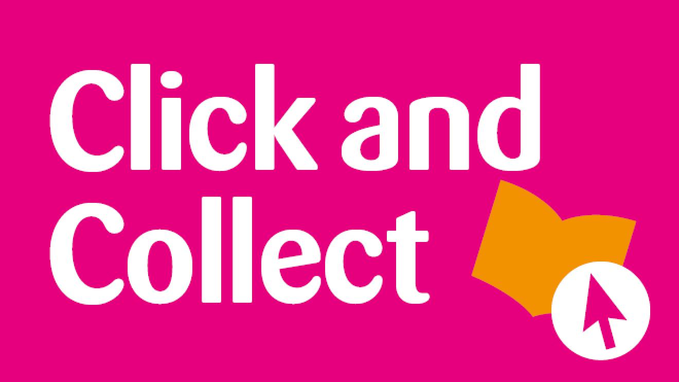 Click and collect text on pink background with mouse click and book logo