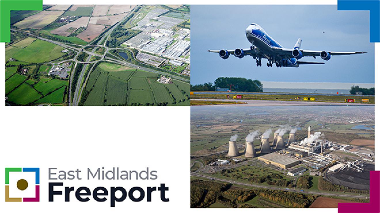 Montage including aerial view of field with motorways, an aeroplane taking off, an industrial plant and the EM Freeport logo.