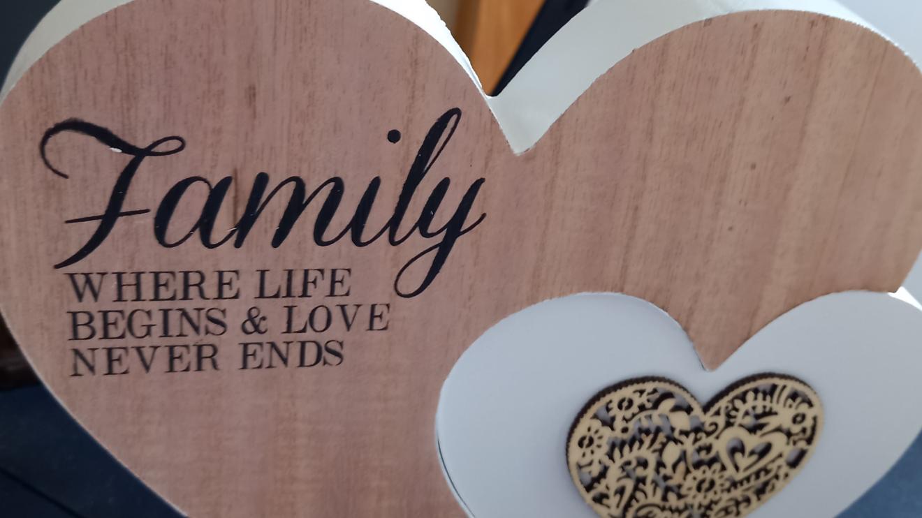 Heart ornament saying Family - where life begins and love never ends 