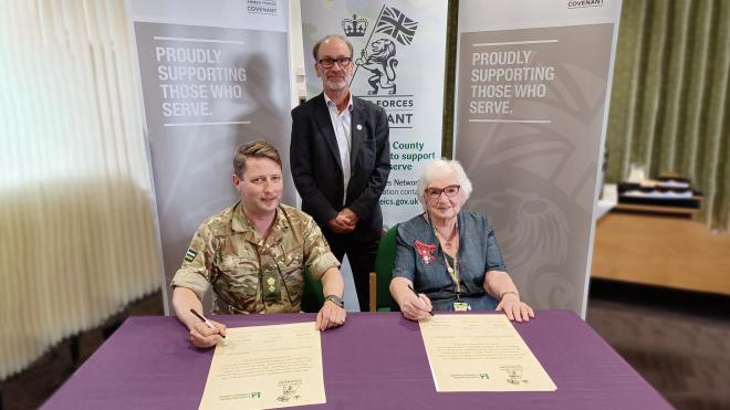 Lt-Col Charlie Field, Tom Purnell & Cllr Pam Posnett re-sign the Armed Forces Covenant