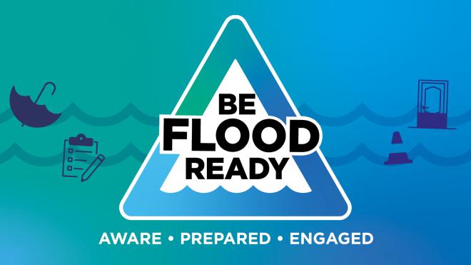 Blue and green graphic with a triangle and the words 'Be flood ready' inside
