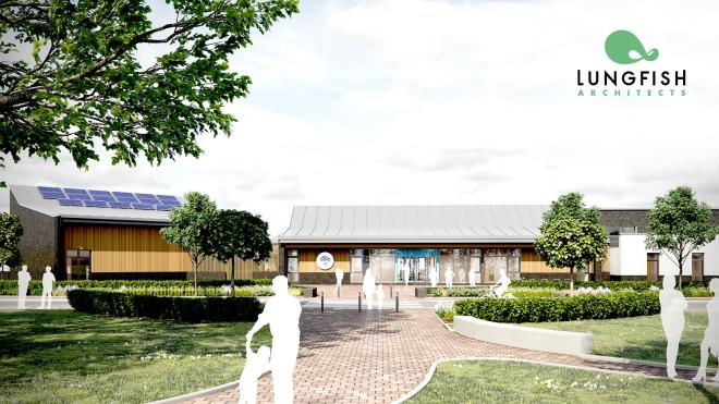 An artist impression of a wooden clad single storey school with solar panels on the roof 