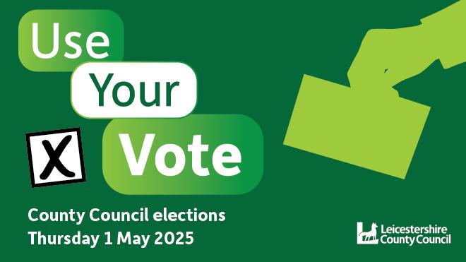 Graphic of a hand holding a ballot with the caption Use your vote, county council elections - Thursday 1 May