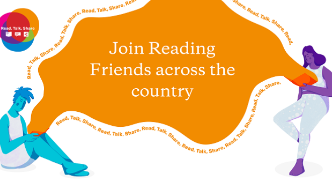 Join Reading Friends across the country. Graphic showing two people connected via reading. 
