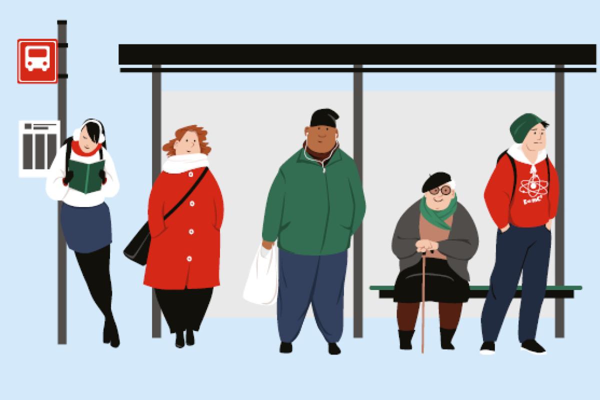 Illustration of people standing at a bus stop