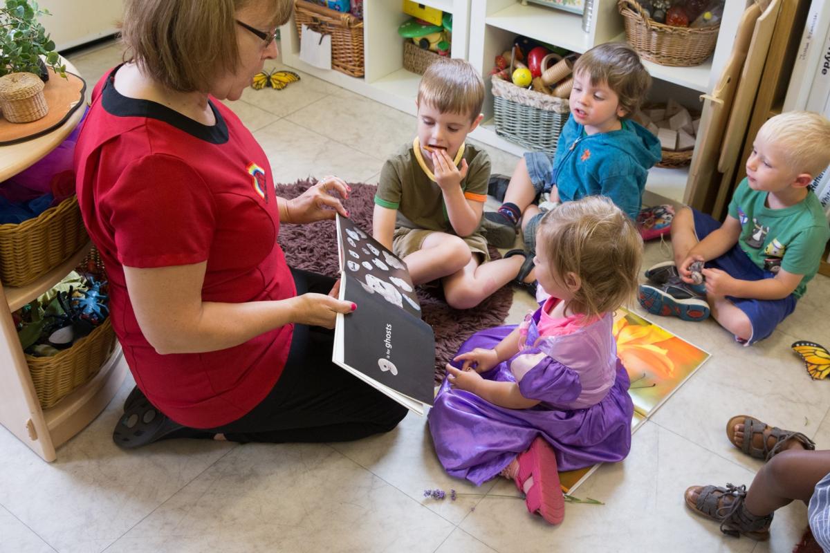 Teacher showing a picture book to young children