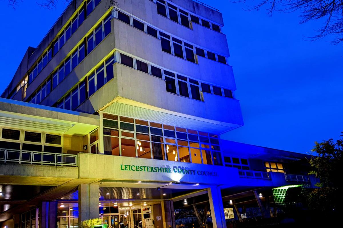 County Hall lit up in the Ukraine's blue and yellow national colours