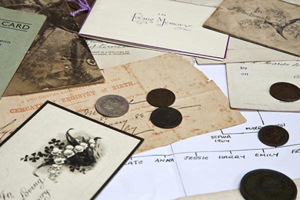 Scattered old documents and a family tree Scattered old documents and a family tree
