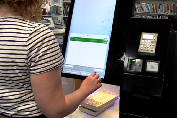 person using library computer